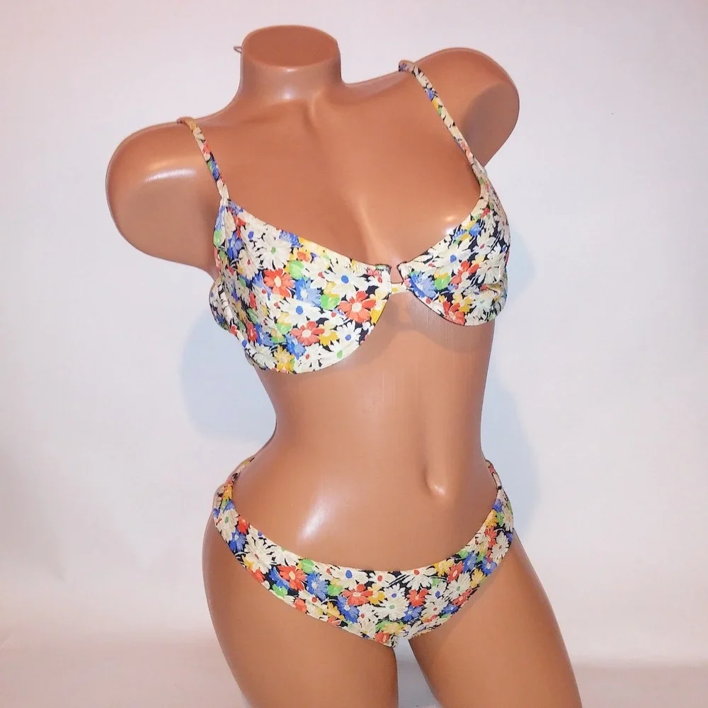 Something Navy Swim Bikini Large Top Medium Bottom Colorful Floral Underwire